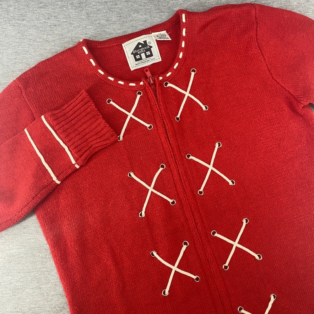 HSN Storybook‎ Knits Red Lace Up Zip Front Cardigan Cottagecore Sweater XS